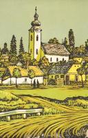 Réti Mátyás (1922-2002): Falu. Színes linómetszet, karton, jelzett és számozott (67/100), 24×33 cm