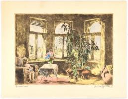 Imre István (1918 - 1983): Interieur (Kislány babával, háttérben a Hősök tere). Színezett rézkarc, k...