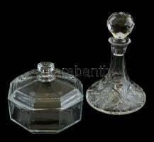 Likőrös üveg kiöntő, a peremén csorbákkal, dugóval m: 15 cm + Arcoroc francia cukortartó, jelzett, hibátlan, m: 9,5 cm, d: 11 cm