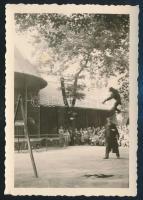 cca 1940 Majom a kifeszített kötélen, bemutató a Fővárosi Állatkertben, hátoldalon feliratozott fotó, 9×6 cm