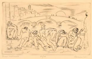 Borsos Miklós (1906-1990): Firenzei naplemente. Rézkarc, papír, jelzett, számozott (67/100), lap széle kissé szakadt, rézkarc ép, 19,5×33,5 cm