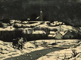 Novák Lajos (1927-1989): Falu télen. Rézkarc, papír, jelzett, lap széle kissé gyűrött. 29×39 cm