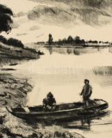 Fehér Ilona (1913-1983): Dunai táj . Rézkarc, papír, jelzett, számozott (84/100), lap teteje és alja...