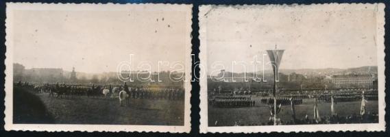 cca 1922-1925 Katonai díszszemle a Vérmezőn Horthy Miklós kormányzó előtt, 2 db fotó, egyik felületén törésnyomok, kisebb foltok, 6×8,5 cm