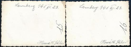 1941 Magyar katonák a lembergi (Lviv, Ukrajna) pályaudvaron, 2 db hátoldalon feliratozott fotó, 6×8,...