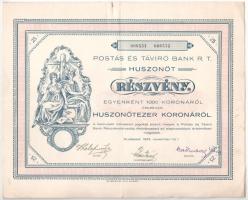 Budapest 1923. Postás és Távíró Bank R.T. részvénye 200.000K-ról, szárazpecséttel és szelvényekkel T:III