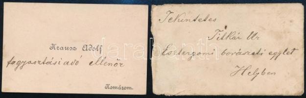 1886 Komáromi fogyasztási adóellenőr névjegye, hátoldalon megköszönve az esztergomi borászati egylet titkára által adott bort, eredeti borítékjában