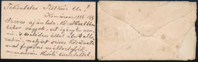 1886 Komáromi fogyasztási adóellenőr névjegye, hátoldalon megköszönve az esztergomi borászati egylet...