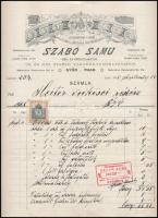 1908 Győr, Szabó Samu gép- és épületlakatos, takaréktűzhely-gyáros fejléces számlája 2f okmánybélyeggel
