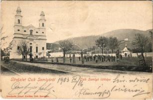 1903 Csíksomlyó, Sumuleu Ciuc; utca, templom. Szvoboda József kiadása / street, church