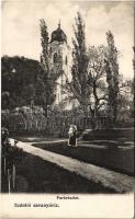 1909 Szántó, Santovka; Szántói savanyúvíz forrás, park, templom. Erdélyi cs. és kir. udvari fényképész műterméből / mineral water spring, church, park + "B.GYARMAT - ESZTERGOM-NÁNA 85. SZ." vasúti mozgóposta bélyegző (EK)
