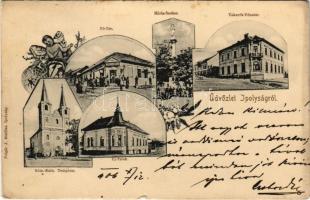 1906 Ipolyság, Sahy; Fő tér, üzlet, Mária szobor, Takarékpénztár, Újtelek, Római katolikus templom. Polgár J. kiadása / main square, shop, Mary statue, savings bank, Catholic church. Art Nouveau, floral (kis szakadás / small tear)