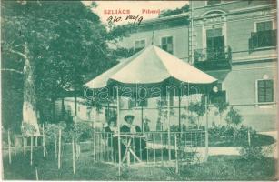 1910 Szliács, Sliac; Pihenő. Kerekes Miklós kiadása / park, pavilion