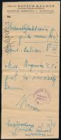 1942 Kaposvár, Kovács Kálmán toponári körállatállatorvos, kézzel írt és aláírt recept ménló részére. Percze István Csodaszarvas gyógyszertára, Mezőcsokonya bélyegzővel, hajtásnyomokkal