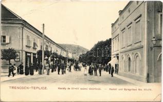 1915 Trencsénteplic, Trencianske Teplice; Kastély és III-IV. számú tükörfürdő / Kastell und Spiegelbad No. III-IV. / castle, spa, bath, street view (EB)