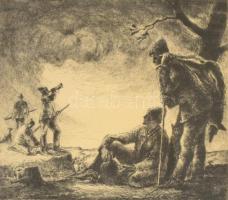 Komjáti-Wanyerka Gyula (1894-1958): Rókavadászat. Rézkarc, papír, jelzett. II nyomat. Üvegezett fa keretben, 10×9,5 cm