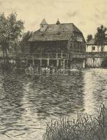 Scultéty Éva (1917-2001): Túristvándi. Rézkarc, papír, jelzett, számozott (11/100), üvegezett fa keretben, 29×24,5 cm