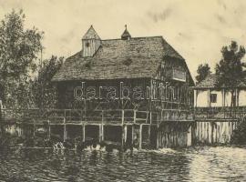 Scultéty Éva (1917-2001): Túristvándi. Rézkarc, papír, jelzett, számozott (11/100), üvegezett fa ker...