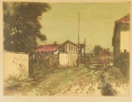 Konecsni György (1908-1970): Napsütés. Színezett rézkarc, papír, jelzett, üvegezett keretben, 29×39 cm