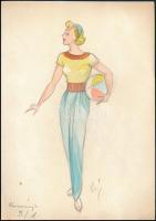 Horányi Mária (1931-2012): Operettszínházi jelmeztervek, 3 db. Vegyes technika, papír, 30×21 cm + gr...