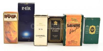 Parfüm, borotválozó krém eredeti dobozukban, közte: Chanel N°19, Pair, Savane stb.