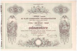 Kiskőrös 1930. "Az Első Dunavidéki Takarékpénztár" részvénye 50P-ről (2x) sorszámkövetők, ...