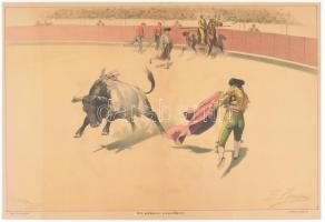 El primer capotazo, bikaviadalt ábrázoló jelenet. Litográfia, papír, üvegezett keretben 31x47 cm