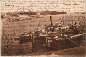 1917 Komárom, Komárno; részlet a Dunáról, uszályok, gőzhajó / Danube riverside, steamship, barges