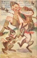 Cserkész táncoló nyulakkal. Márton L.-féle Cserkészlevelezőlapok Kiadóhivatala / Hungarian scout art postcard with rabbits s: Márton L.