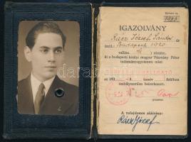 1938 Budapesti Kir. M. Pázmány Péter Tud. Egyetem fényképes diákigazolvány