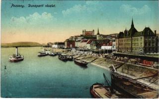 1915 Pozsony, Pressburg, Bratislava; Duna-part, vár, rakpart, gőzhajó, uszályok / Danube riverside, quay, castle, steamship, barges