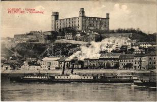 1909 Pozsony, Pressburg, Bratislava; Várhegy, Vesta gőzhajó, vár / Schlossberg / castle, steamship