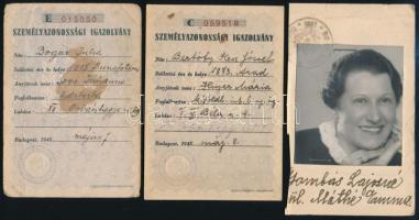 1945 3 db személyazonossági igazolvány, benne egy hiányos