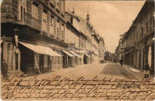 1909 Temesvár, Timisoara; Jenő herceg utca, Első Délmagyarországi Kesztyűgyár, Musil Ferenc üzlete / street view, shops (vágott / cut)