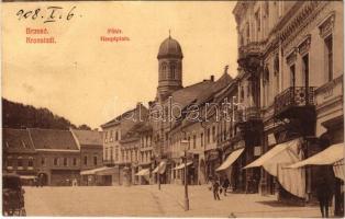 1908 Brassó, Kronstadt, Brasov; Fő tér, üzletek, Ortodox templom / main square, shops, Orthodox church (Rb)