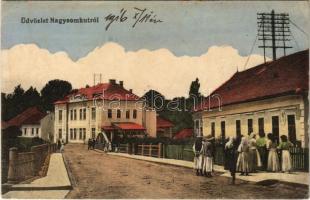 1916 Nagysomkút, Somcuta Mare; utca, Takarékpénztár. Özv. Papp Vidorné kiadása / street view, savings bank (EK)