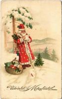Üdvözlet a Mikulástól / Saint Nicholas greeting art postcard. litho (EK)