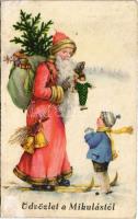 1939 Üdvözlet a Mikulástól / Saint Nicholas greeting art postcard, skiing