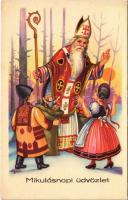 Mikulásnapi üdvözlet / Saint Nicholas greeting art postcard s: Zsolt
