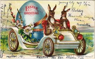 1907 Húsvét, nyulak autóban / Easter greeting, rabbits in automobile. Emb. litho (Rb)