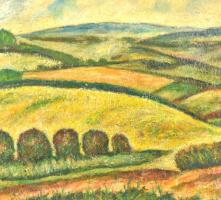 Katymári Krizsán Antal (1916-?): Dombos táj. Olaj, vászon. Jelzett. Sérült, restaurált. Fa keretben....