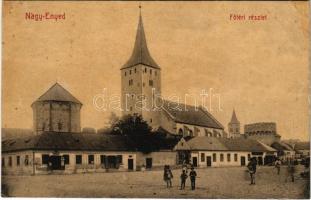 1907 Nagyenyed, Aiud; Fő tér, Református vártemplom, üzletek. W. L. (?) No. 468. / main square, Calvinist fortified church, shops (r)