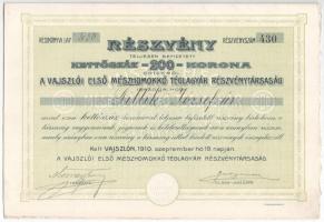 Vajszló 1910. A Vajszlói Első Mészhomokkő Téglagyár Részvénytársaság részvénye 200K-ról, szelvényekkel és szárazpecséttel T:I,I-