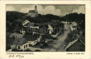 1928 Dunaalmás, látkép a fürdő felé, templom, utca