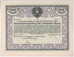 Ausztria / Bécs 1920. 4%-os államadóssági kötvény 200 Koronáról egy szelvénnyel T:II Austria / Vienna 1920. Staatsschuldverschreibung bond about 200 Corona with one coupon C:XF