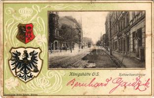 Chorzów, Königshütte (Oberschlesien); Kattowitzerstrasse / street view, tram, shops. Kunstverlag Bruno Scholz Art Nouveau, Emb. coat of arms litho (Rb)