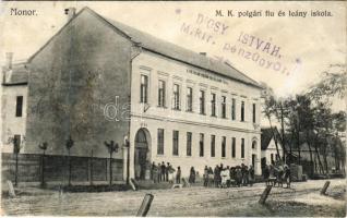 1910 Monor, M. kir. polgári fiú és leányiskola (egyik oldalán fiúk másikon leányok) (fa)