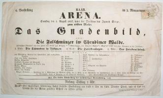1857 Győri színházi plakát 1854-es 1/2kr-os hirdetvénybélyeggel (25.000)
