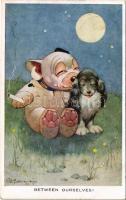 Between Ourselves! Bonzo dog art postcard, smoking. Valentines Bonzo Series 1209. s: G. E. Studdy (EK)