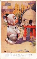1930 Give my love to all at home. Bonzo dog art postcard, beehive. Valentines Bonzo Series 1261. s: G. E. Studdy (EK)